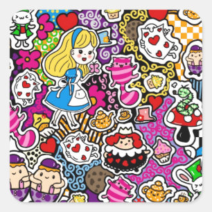 Adesivo Quadrado Alice Wonderland Mad Hatter Cat Doodle Art de Leah
