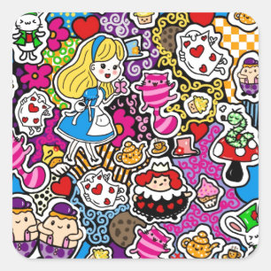 Adesivo Quadrado Alice Wonderland Mad Hatter Cat Doodle Art de Leah