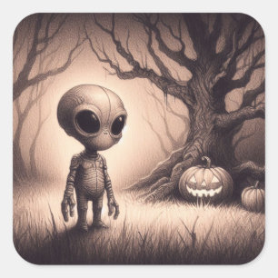 Adesivo Quadrado Alienígena Espacial do Halloween com Abóbora