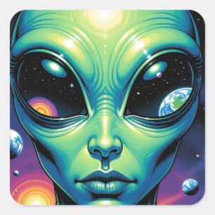 Adesivo Quadrado Alienígena face com planetas reflexões nos olhos