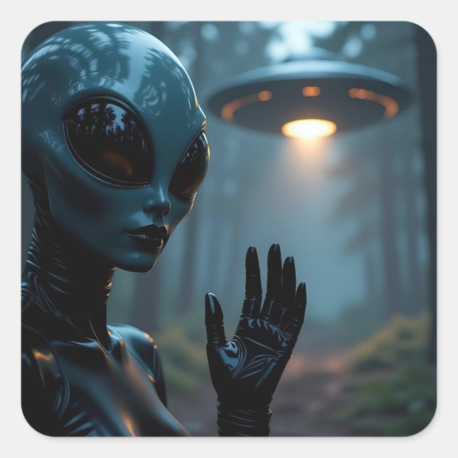 Adesivo Quadrado Alienígena feminina Extraterrestre e OVNI (Frente)