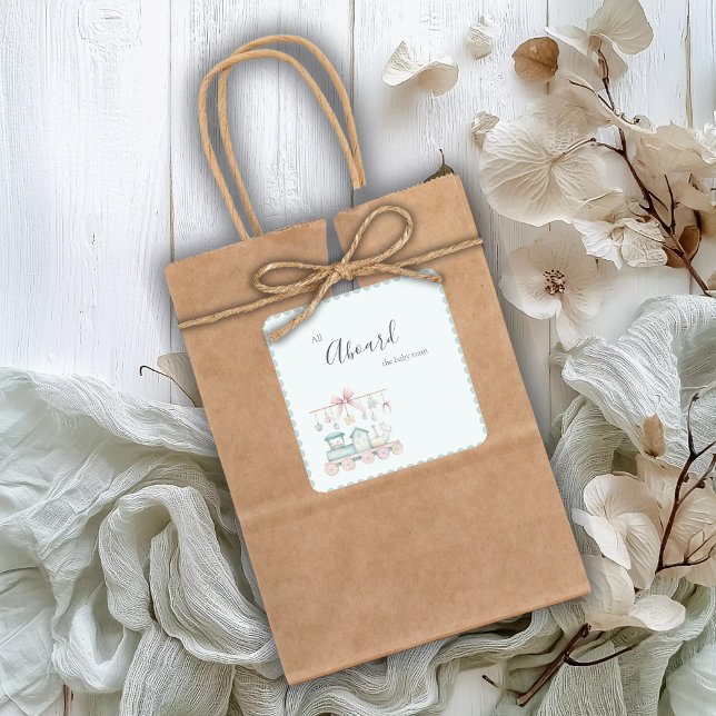 Adesivo Quadrado All Aboard the Baby Train Baby Shower Sticker (Criador carregado)