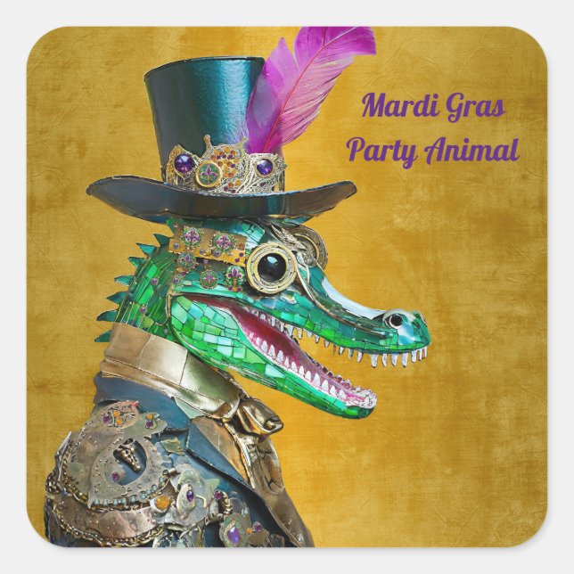 Adesivo Quadrado Alligator Animal do Partido Steampunk do Mardi Gra (Frente)