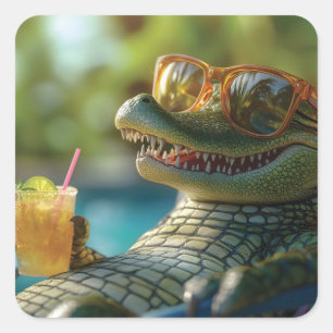 Adesivo Quadrado Alligator desfrutando de um coquetel ao lado do po