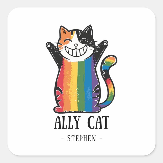 Adesivo Quadrado Ally Cat - Orgulho LGBTQ do Gato Arco-Íris (2) (Frente)