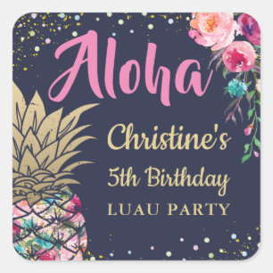 Adesivo Quadrado Aloha Abacaxi Tropical de Rosa Aniversário