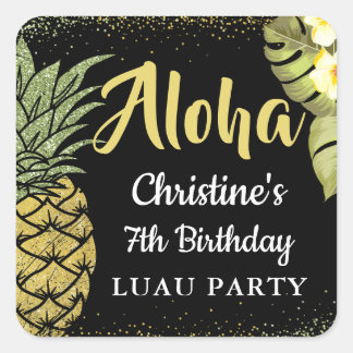 Adesivo Quadrado Aloha Black Dourado Glitter Pineapple Floral Birda