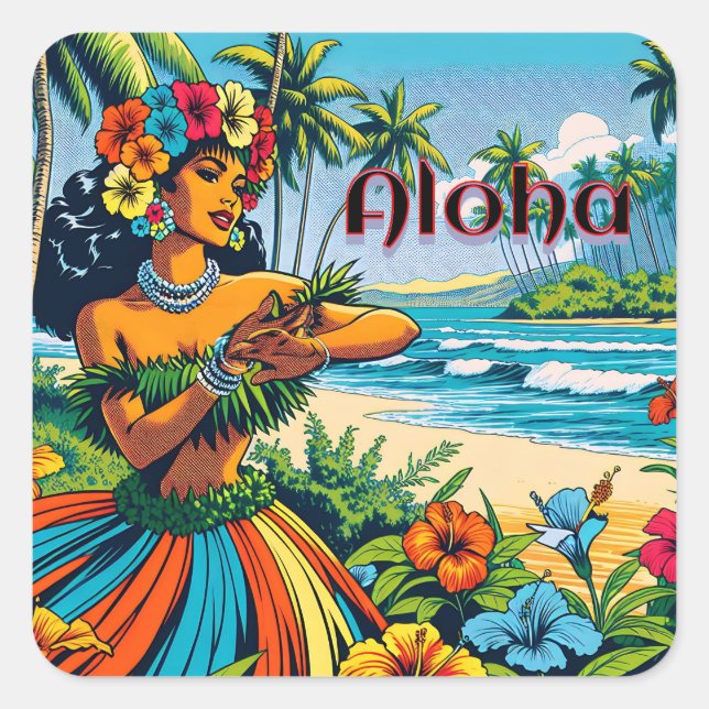 Adesivo Quadrado Aloha | Dançarino Hawaii Hula na praia (Frente)