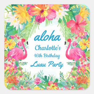 Adesivo Quadrado Aloha Luau Tropical Flamingo Birthday Blue