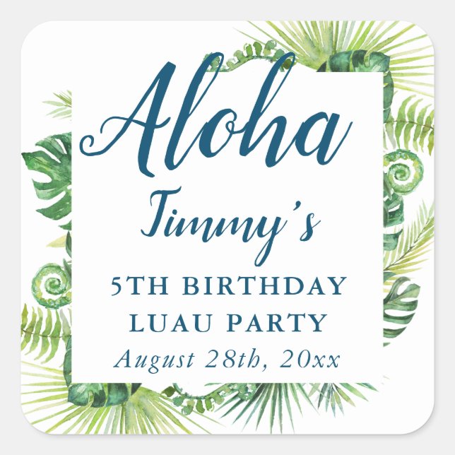 Adesivo Quadrado Aloha Tropical Greenery Luau Birthday (Frente)