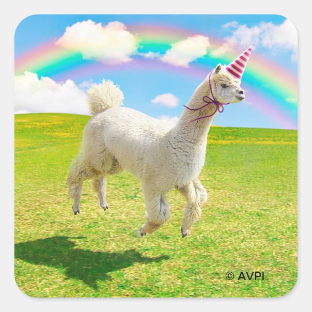 Adesivo Quadrado Alpaca Unicorn No Rainbow Sky (Frente)