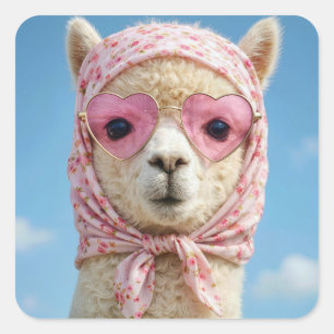 Adesivo Quadrado Alpaca Usando Lenço na Cabeça e Óculos de Sol