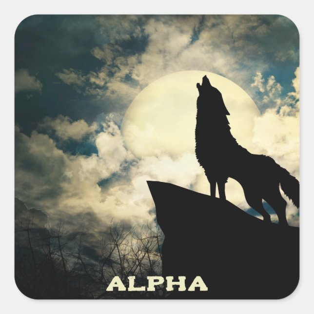Adesivo Quadrado Alpha Wolf Howling Na Lua Completa (Frente)