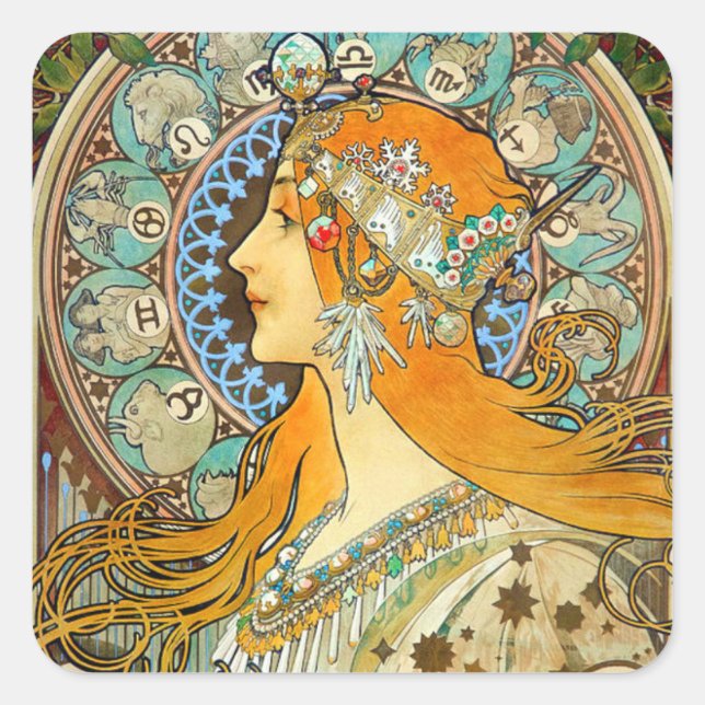Adesivo Quadrado Alphonse Mucha Art Nouveau Zodiac (Frente)