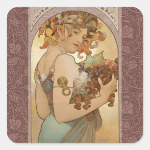 Adesivo Quadrado Alphonse Mucha Fruta Art Nouveau Vintage Donzela