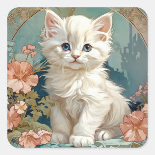 Adesivo Quadrado Alphonse Mucha Style White Cat