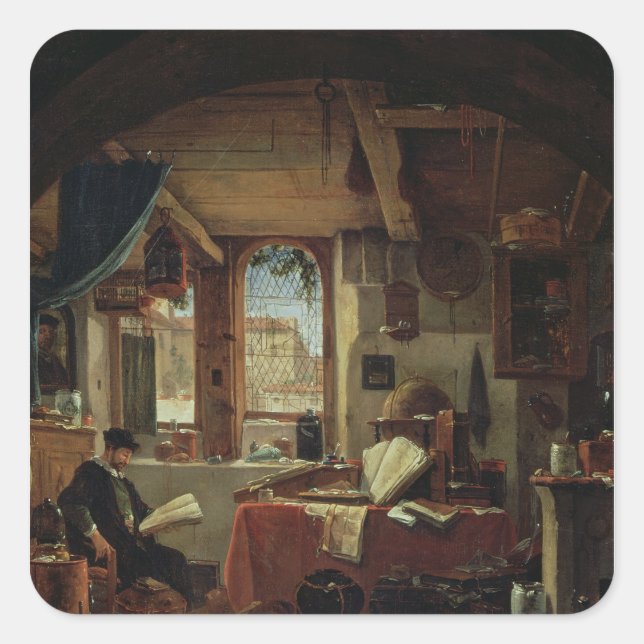 Adesivo Quadrado Alquimista em seu laboratório (Frente)