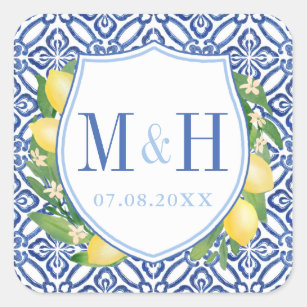 Adesivo Quadrado Amalfi Lemons Azulejos Azuis Logotipo de Casamento