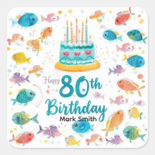 Adesivo Quadrado Amante da Pesca Aniversário de 80 anos Aquarela