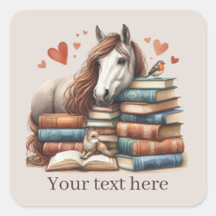 Adesivo Quadrado Amantes de livros de cavalos bonitos adicionam tex