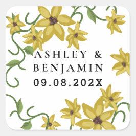 Adesivo Quadrado Amarelo Floral Botânico de Girassol Desenhado à Mã