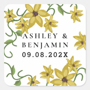 Adesivo Quadrado Amarelo Floral Botânico de Girassol Desenhado à Mã