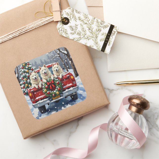 Adesivo Quadrado American Eskimo Dog Christmas Red Truck Holiday (Presentear)