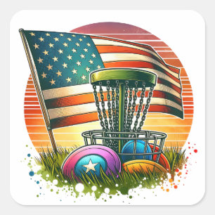 Adesivo Quadrado American Flag Disk Golf Vintage Sun