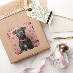 Adesivo Quadrado American Staffordshire com Rosa-Dia de os namorado