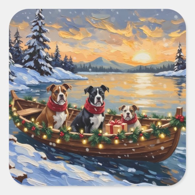 Adesivo Quadrado American Staffordshire Terrier Christmas Boat (Frente)