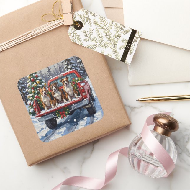 Adesivo Quadrado American Staffordshire Terrier Christmas Red Truck (Presentear)