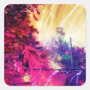 Adesivo Quadrado Amish Horse e Buggy Trippy Arte Digital Colorida