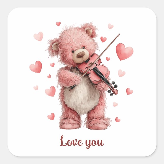 Adesivo Quadrado Amo Você Teddy com Violino (Frente)