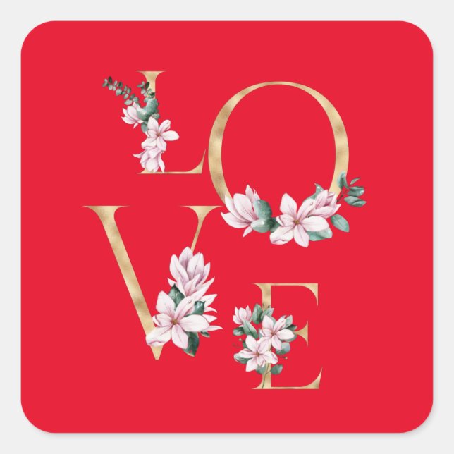 Adesivo Quadrado Amor à letra dourada com flores magnólia (Frente)
