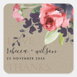 ADESIVO QUADRADO AMOR FLORAL DA ROSA VERMELHA E OBRIGADOS CASAMENTO