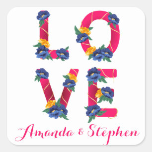Adesivo Quadrado Amor Floral Rosa com Flores Azuis e Amarelas