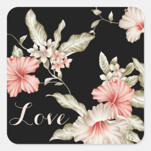 Adesivo Quadrado Amor Floral Rosa e Flor Preta Japonesa