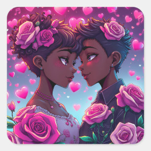 Adesivo Quadrado Amor LGBT   Casal Africano-Americano de Animes