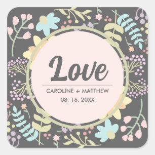 Adesivo Quadrado Amor. Personalização Floral Moderna Nomes de Cas