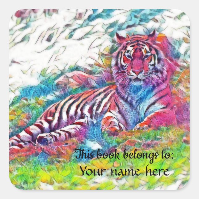Adesivo Quadrado Amur Tiger em rosa "Este livro pertence a" Sticker (Frente)