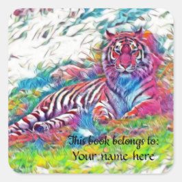 Adesivo Quadrado Amur Tiger em rosa "Este livro pertence a" Sticker