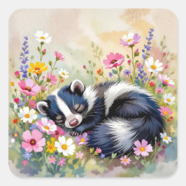 Adesivo Quadrado An Adorable Skunk Napping in Flowers
