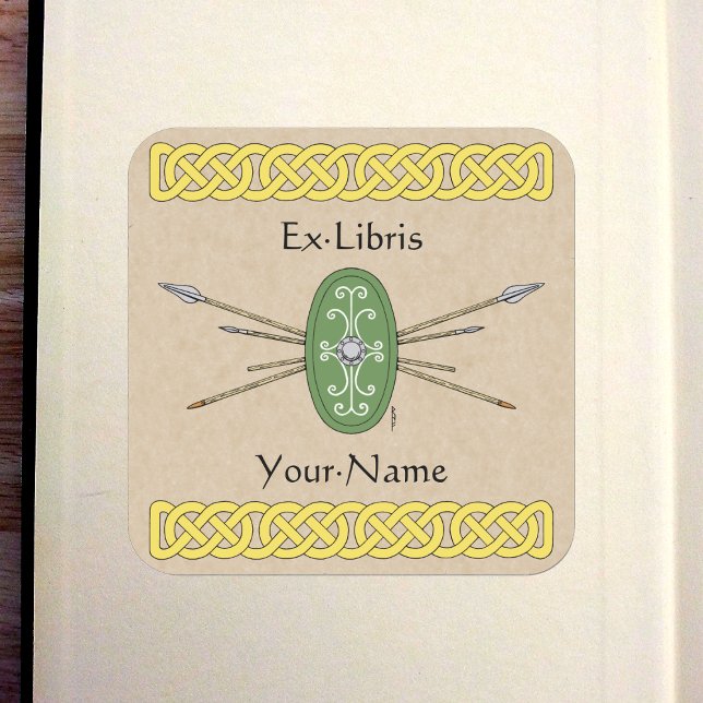 Adesivo Quadrado Ancião Celta e Lança (Ancient Celtic Shield and Spears Bookplate)