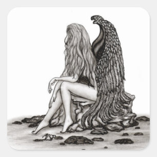 Adesivo Quadrado Angel, perdido no pensamento, Design preto e branc