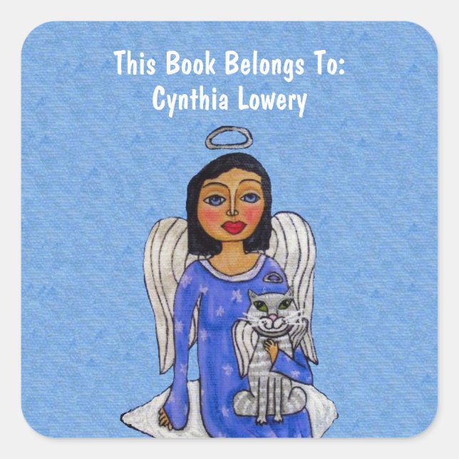 Adesivo Quadrado Angel Segurando White Cat Angel Blue Cloud (Frente)