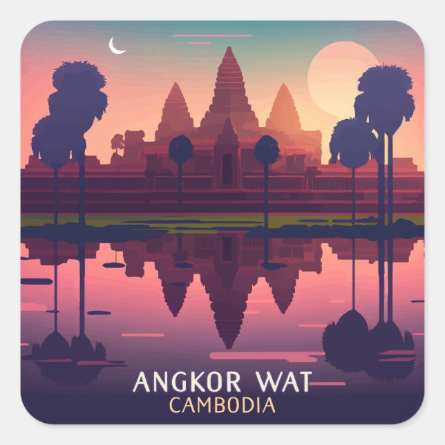 Adesivo Quadrado Angkor Wat Sunrise Cambodja Siem Reap Retro (Frente)