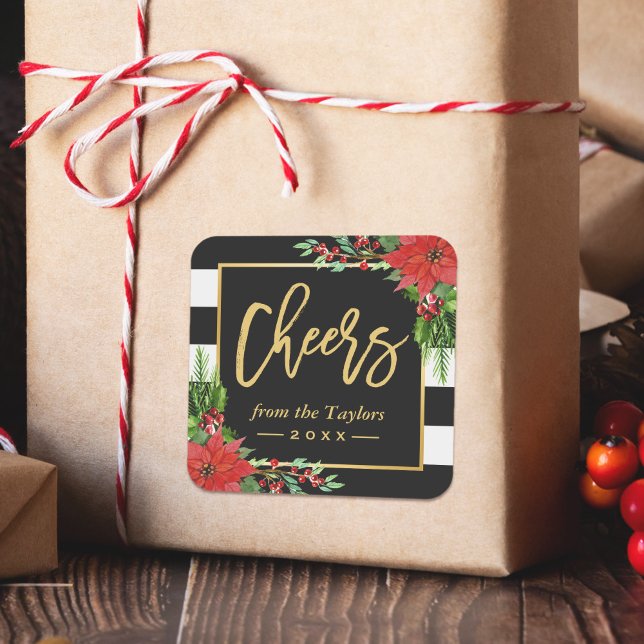 Adesivo Quadrado Anima-se a um ano Dourado Poinsettia Floral (Criador carregado)