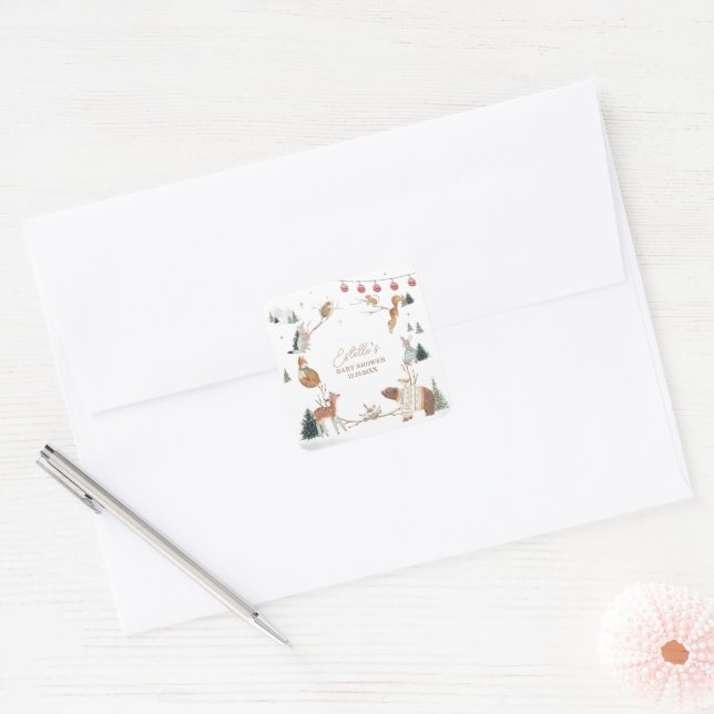 Adesivo Quadrado Animais da Floresta de Inverno Chuvada de Bebê (Envelope)