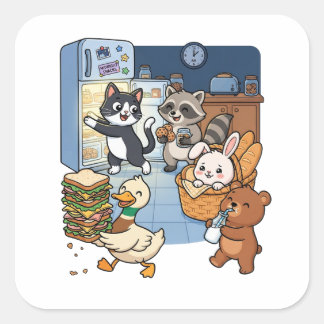 Adesivo Quadrado Animais de desenho animado fofos roubando comida d