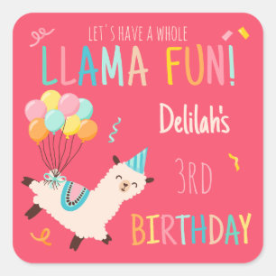 Adesivo Quadrado Animais de Festa Llama Garotas de Aniversário Rosa
